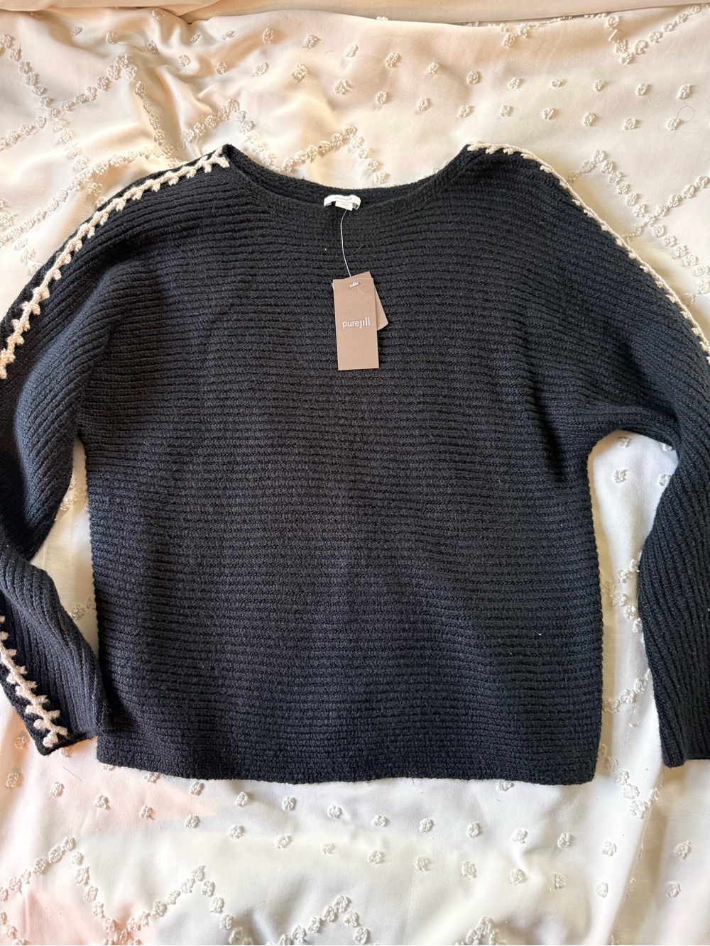 Pure Jill Black Crewneck Sweater with Cream Contrast Stitching